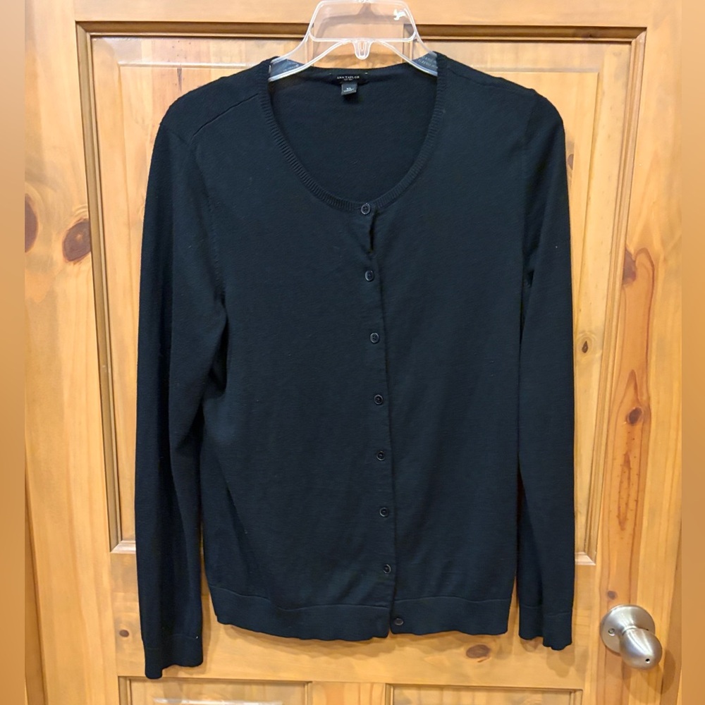 Ann Taylor Crewneck Knit Cardigan, Black, XLarge